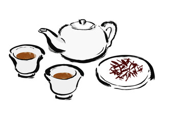 湯呑みと急須に入った中国茶のと茶葉の和風筆イラスト素材