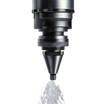 Closeup of a highpressure water jet cutter nozzle emitting a powerful stream of water