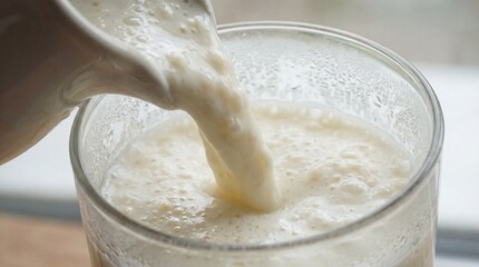 Close-up of a beverage being poured into a clear glass, showing a frothy texture and a refreshing sensation.