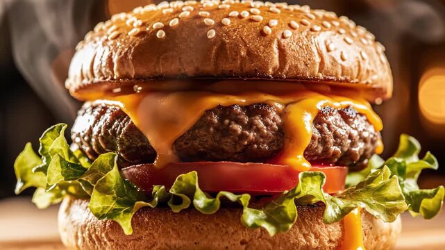 Close-up shot of a juicy, appetizing gourmet cheeseburger with melted cheese, lettuce, and tomato, on a toasted sesame seed bun, captured with a soft-focus artistic approach, perfect for cul