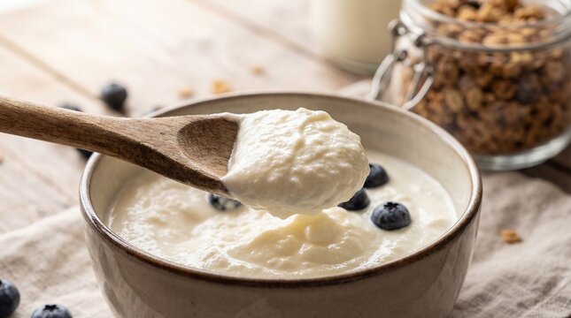 A macro close-up captures the delectable moment of fresh yogurt, adorned with blueberries and granola, a wooden spoon gracefully lifting a spoonful.
