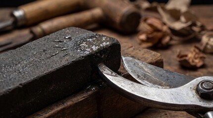 The precise arrangement of crafting tools on a wooden surface, ready to start the artistic process.