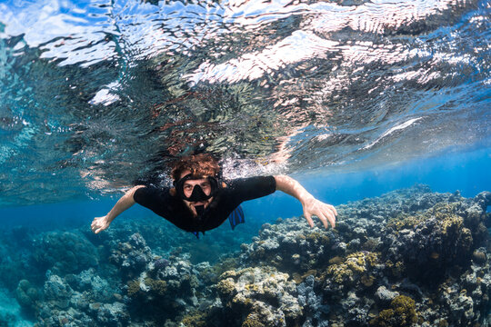 Man snorkelling with corals on a sunny day on the Great Barrier Reef