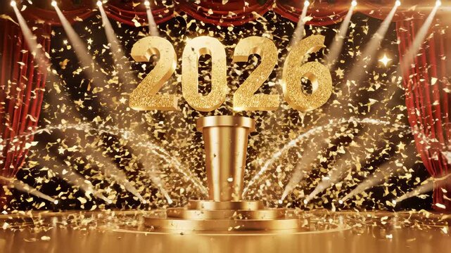 Luxury gold light Award party stage golden stage glitter animation. stars, lights particles streak. luxury awards ceremony background, Oscar awards performance. 4K 3D 2026 party stage new year, event,