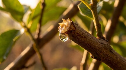 A delicate drop of water clings to the pruned branch of a tree, bathed in the soft morning light, evoking a sense of renewal and the essence of life.