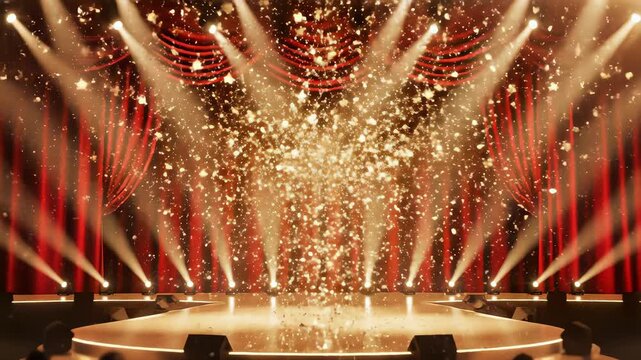 Award party stage golden glitter animation. stars lights particles. Luxury light streak. Particle, luxury awards ceremony background, Oscar 3D spot flashing party stage new year. 3D Illustration