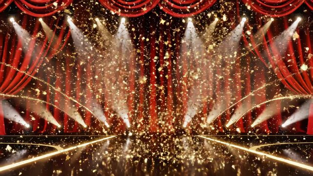 Luxury gold light Award party stage golden stage glitter animation. stars, lights particles streak. luxury awards ceremony background, Oscar awards performance. 4K 3D 2026 party stage new year, event,