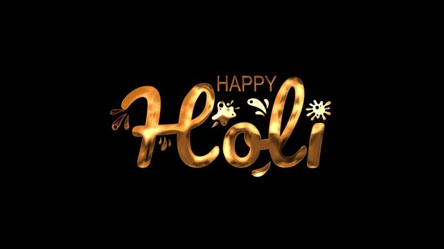 Happy holi gold text alpha chanel enhances joyous festive background. Suitable for holiday celebrations, indian culture events, vibrant marketing materials.