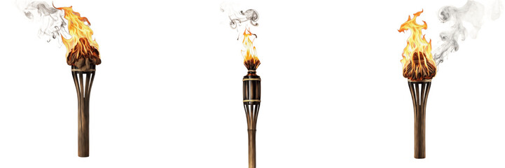 Set of Flaming Tiki Torches PNG, Bamboo Garden Torch with Fire and Smoke, Tropical Outdoor Party Lighting, Transparent Background PNG © Photo