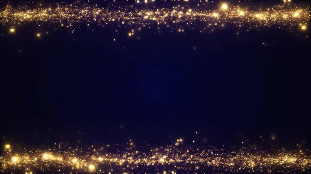 Elegant golden particles shimmer and sparkle on a dark blue background, creating a festive and luxurious border for titles or intros.