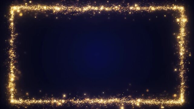 Glowing rectangular frame made of golden shimmering particles on a dark blue backdrop, perfect for event announcements or awards ceremonies.