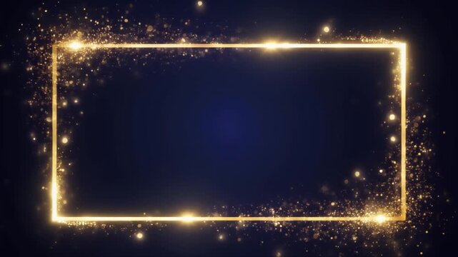 Dynamic golden rectangular frame with sparkling dust particles, emerging from the corners on a dark blue background, perfect for award shows or luxury branding.