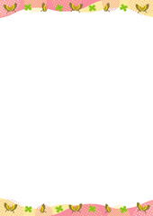 蝶とクローバーと幾何学模様と波の上下の縦型のフレーム_ ピンク