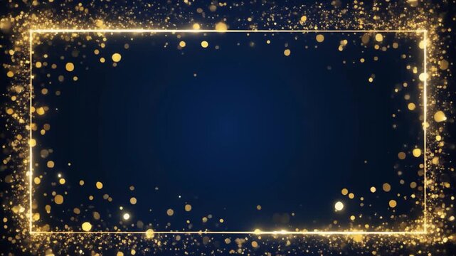 Animated rectangular border of golden bokeh lights and particles on a deep blue background, ideal for elegant event titles.
