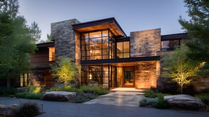 Fototapeta premium Contemporary eco luxury summer estate glass facade natural stone material