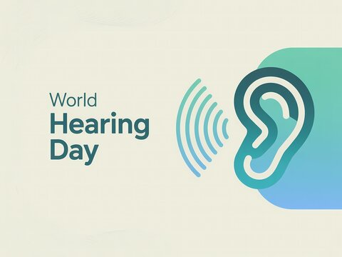 World hearing day awareness campaign symbol with ear and sound waves on colored background