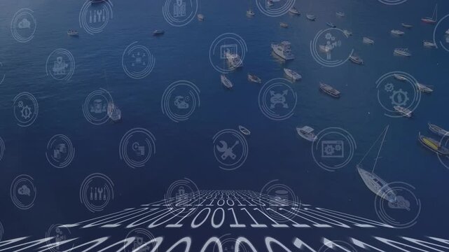 Animation of binary coding data processing and network of connections with icons