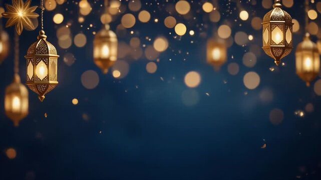 A festive video background featuring numerous ornate golden Ramadan lanterns and sparkling bokeh lights against a deep blue gradient, creating a magical ambiance.
