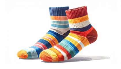 Colorful striped socks on white background, vibrant and playful.