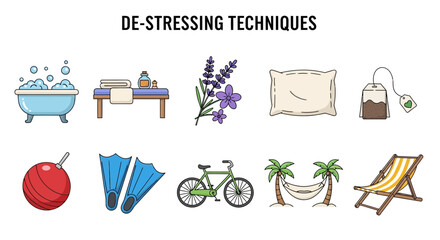 Row of ten illustrated destressing techniques against a white background © zyaa