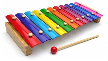 Colorful xylophone with wooden mallet on white background.