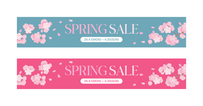 Set of 2 horizontal spring sale banners with blooming cherry blossom branches on blue and pink backgrounds. Elegant floral vector design for seasonal promotions, events, and retail advertising.