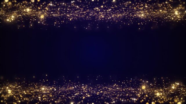Sparkling golden glitter particles framing a dark blue space, ideal for festive event backgrounds and celebratory titles.