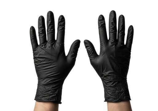 Ultra-photorealistic flat lay macro of two human hands wearing sleek black nitrile gloves, one palm up, one palm down, isolated on a transparent background. Concept of sterile protection