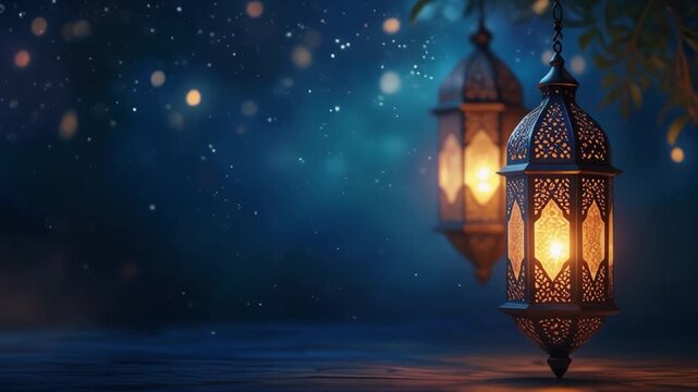 Close-up of a hanging ornate lantern with a glowing candle, set against a dreamy night sky with bokeh lights and a silhouette of a city, evoking Ramadan nights