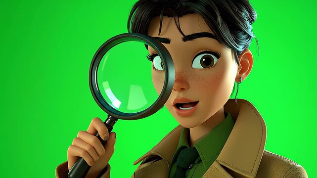 Cartoon Detective Examining with Magnifying Glass.