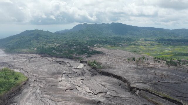 Aerial view of devastation from semeru volcano lava flow