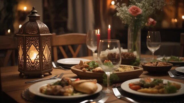 An intimate, candlelit dinner table set with food and wine, featuring a traditional Islamic lantern and flowers, evoking a warm, celebratory Ramadan or Eid gathering
