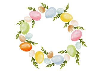Obraz premium Hand-painted Easter illustration with decorated eggs and spring botanical elements in watercolor style