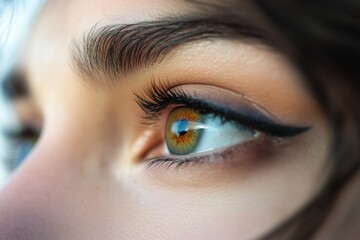 Obraz premium Detailed close up photo of a woman’s eye with long natural eyelashes, clear iris texture, smooth skin, and soft lighting, suitable for contact lenses or eye checkup