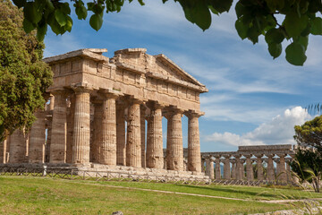 Fototapeta premium The west end of the Greek Temple of Hera II in the ancient city of Paestum, Campania, Italy