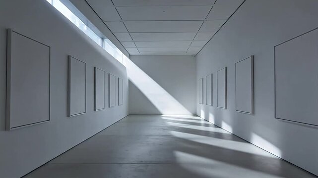 Minimalist white art gallery hallway with empty frames and bright lighting