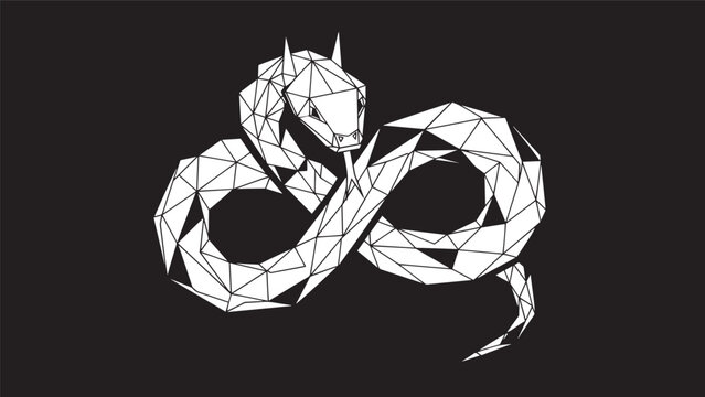 Geometric white snake illustration with polygonal form on dark background.