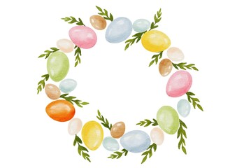 Hand-painted Easter illustration with decorated eggs and spring botanical elements in watercolor style