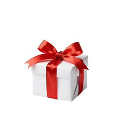 Obraz premium Simple white gift box tied with shiny red ribbon on white background
