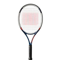 Tennis racket with red and white strings stands isolated on white backdrop
