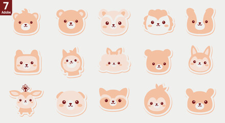 Obraz premium A collection of 15 cute cartoon animal faces in a soft peach and white color palette, designed as stickers or icons on a light background.