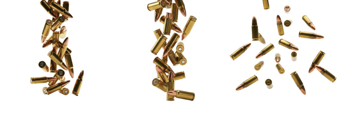 Set of Brass Rifle Ammunition PNG - Falling Bullet Cartridges Transparent Background PNG