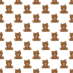 seamless pattern of a cartoon brown teddy bear with a bow on a transparent background 