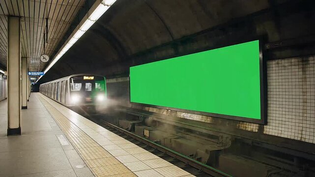 Dynamic view of a modern subway train rapidly passing a large green screen billboard within an underground station, ideal for urban advertising mockups and promotional display content