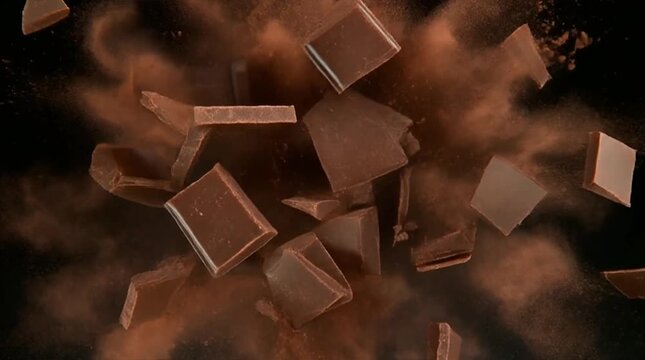 Delicious chocolate chunks and cocoa powder exploding in slow motion against a dark backdrop