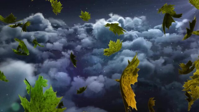 Animation of green leaves blowing over storm clouds in night sky