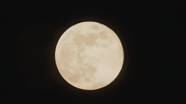 Close up of a bright full moon against a black night sky. Detailed surface texture is visible