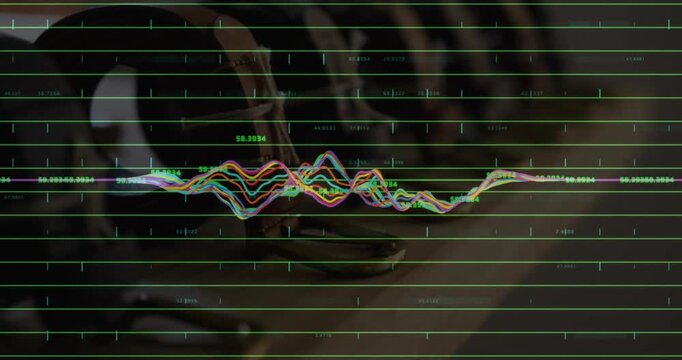 On start colorful waveform trace sweeping green grid showing signal changes behind static sneaker