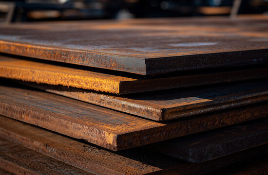 Steel Plates, Metal Sheets, Industrial Material. Heavy industrial steel plates stacked in factory, raw metal manufacturing and metallurgy