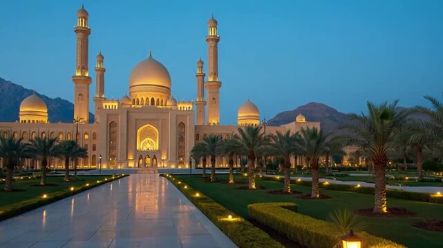 Majestic mosque with golden domes and minarets at dusk